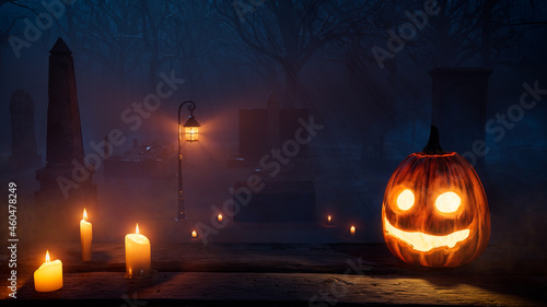 Halloween Illustration with Eerie Candlelit Tombstones and Scary Pumpkin. photo