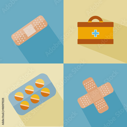 Set of medical icons from adhesive plaster, medical bag pills. Simple flat icons with long shadow. Vector.