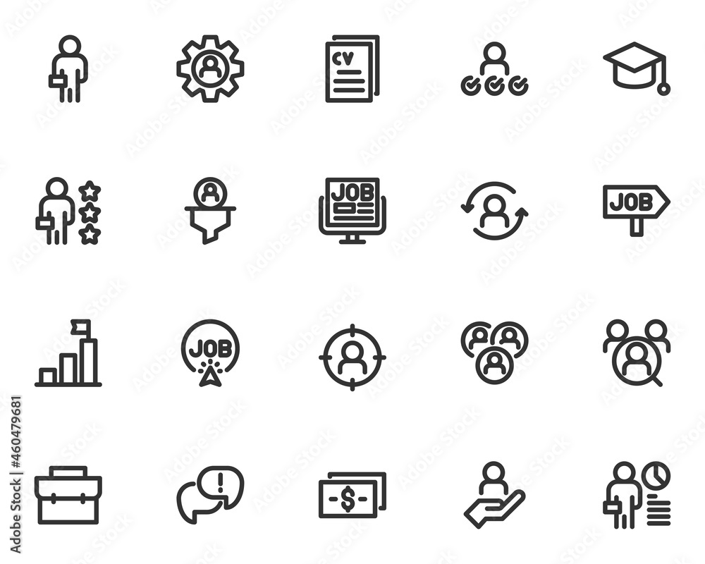 set of job line icons, cv, hr, job interview set of job line icons, cv, hr, job interview