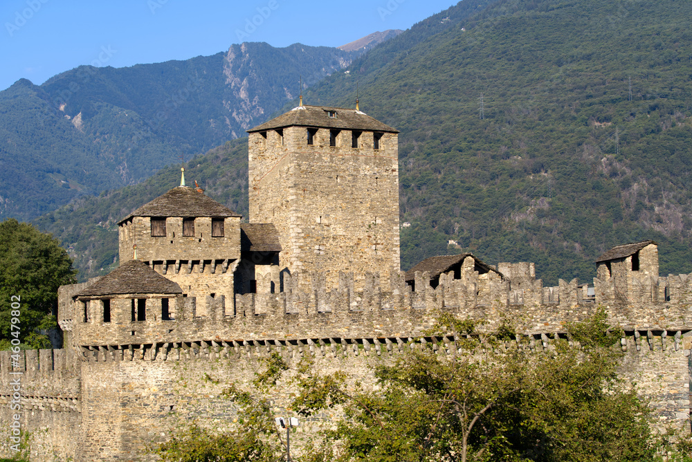 Castle named Montebello at City of Bellinzona on a sunny late summer morning. Photo taken September 12th, 2021, Bellinzona, Switzerland.