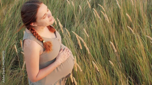 young happy beautiful pregnant woman walks in field among dry fluffy grass at sunset, relaxation on summer nature, preparation for childbirth, healthy motherhood