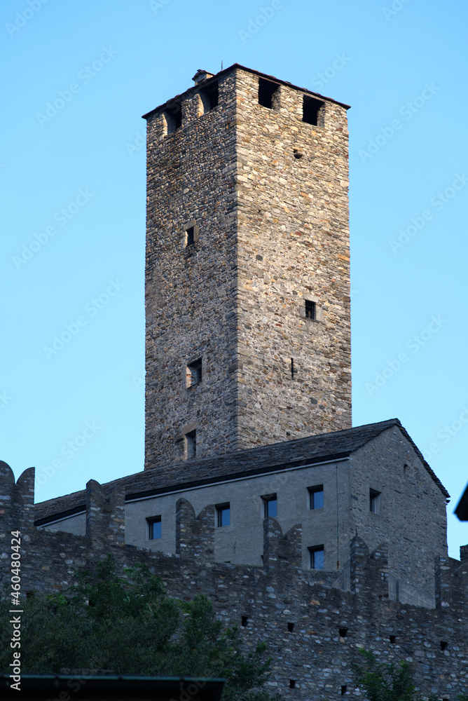 Castle named Castelgrande at City of Bellinzona on a sunny late summer morning. Photo taken September 12th, 2021, Bellinzona, Switzerland.
