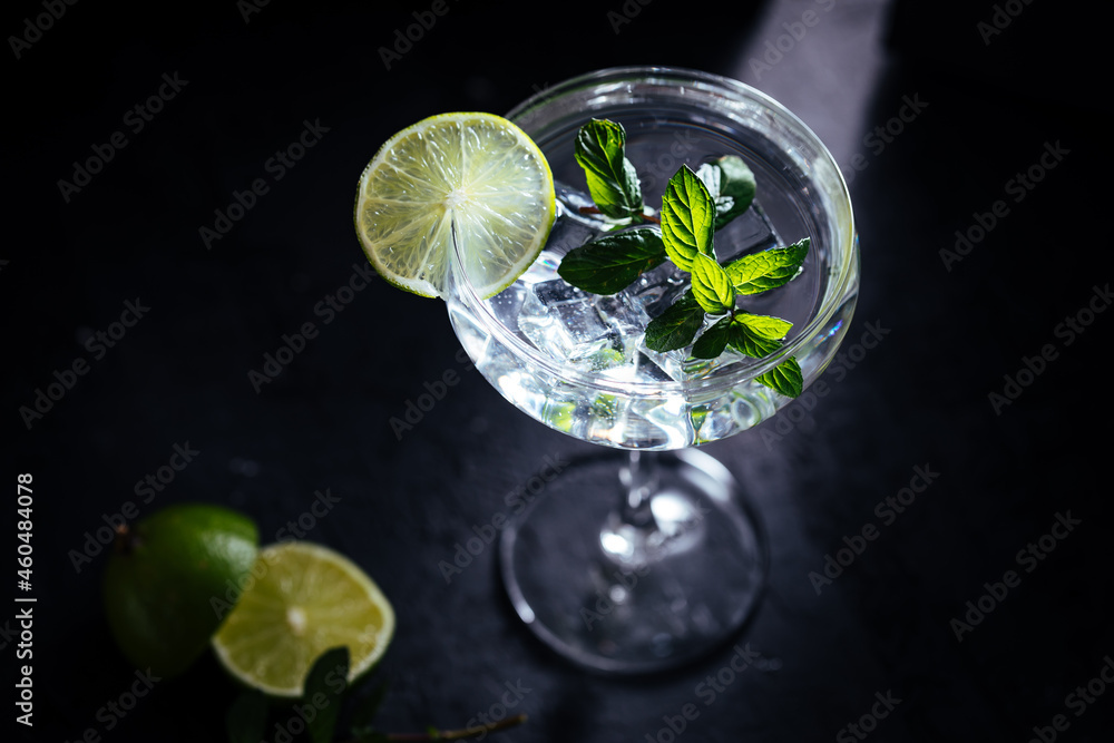 Gin tonic in cocktail glass with ice, mint leaves and lime on a dark rustic board Gin tonic in cocktail glass with ice, mint leaves and lime on a dark rustic board