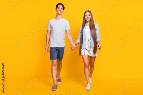 Full length body size view of attractive cheerful couple family spending time going isolated over bright yellow color background