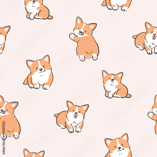 Fototapeta Naklejka Na Ścianę i Meble -  Seamless Pattern with Cute Corgi Dog Design on Light Pink Background
