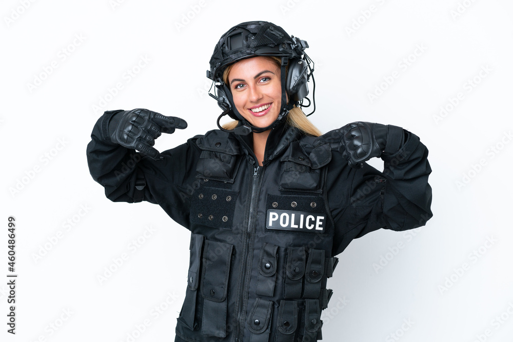 SWAT caucasian woman isolated on white background proud and self-satisfied SWAT caucasian woman isolated on white background proud and self-satisfied