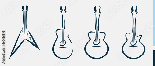 guitar acoustic and electric - outline illustrations set isolated on white