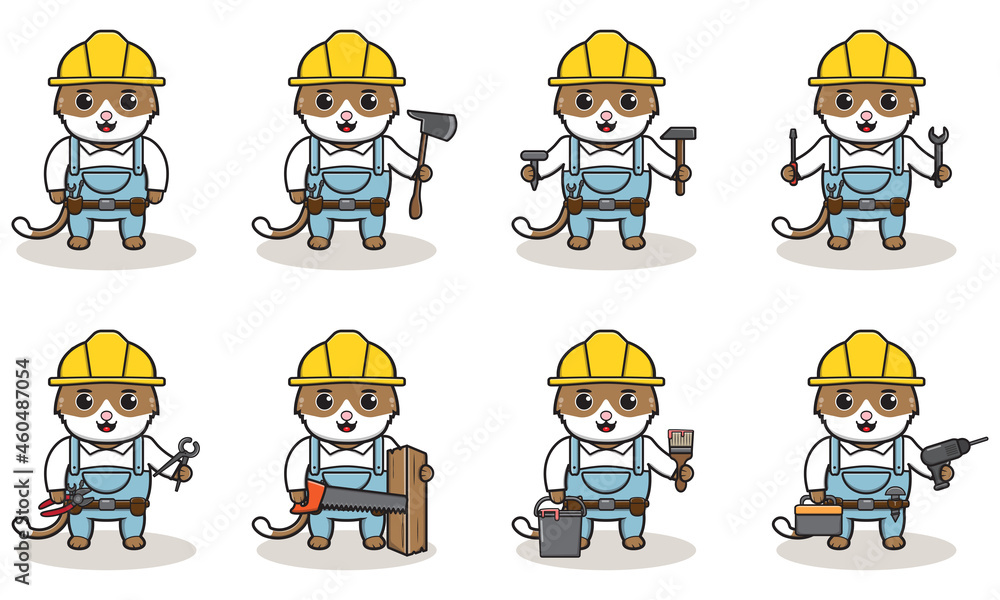 Cute and funny cartoon Cat being a handyman. Character animal. Cartoon style Handyman with the tools. Children's illustration. Cute and funny cartoon Cat being a handyman. Character animal. Cartoon style Handyman with the tools. Children's illustration.