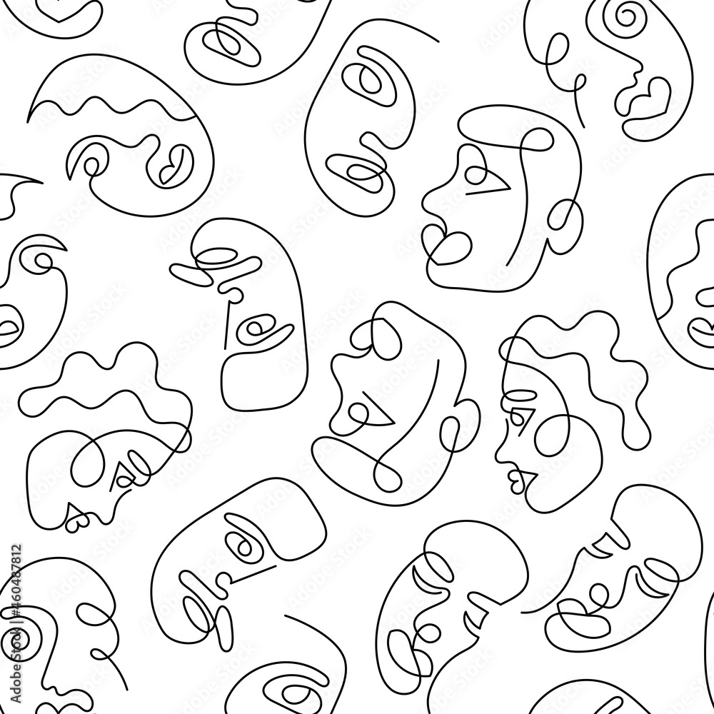 Fototapeta premium One line art face woman and man seamless pattern. Modern minimalist abstract portrait. Seamless background