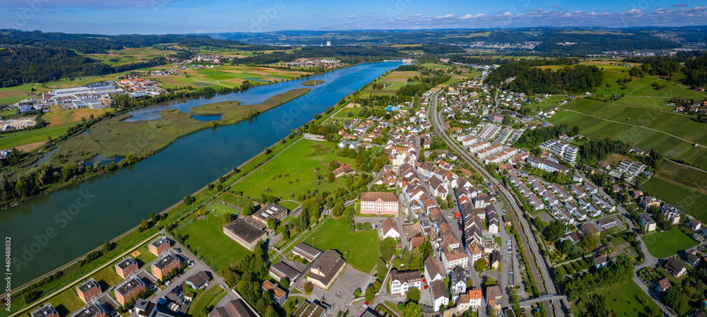 Aerial view around the old town of the city Klingnau in Switzerland on a sunny day in summer. 