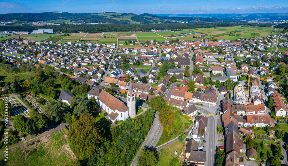Aerial view around the old town of the city Würenlingen in Switzerland on a sunny day in summer. 