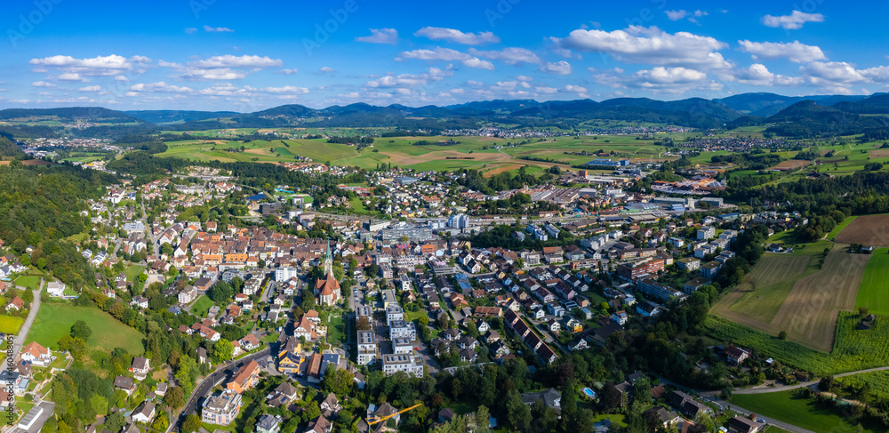 Aerial view around the old town of the city Laufen in Switzerland on a sunny day in summer. 