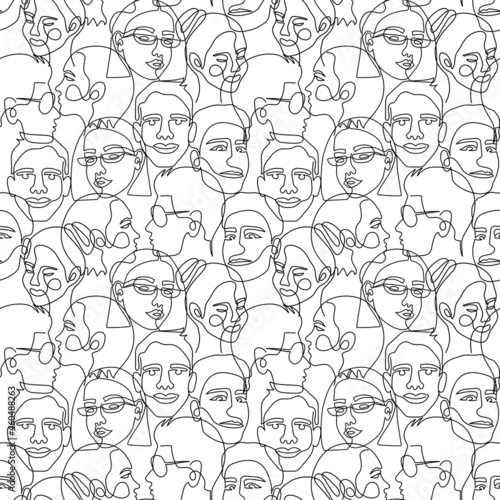 One line art face woman and man seamless pattern. Modern minimalist abstract portrait. Seamless background