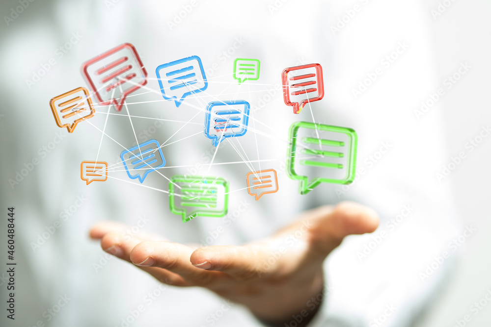 touching 3D rendering flying email icon with his fin touching 3D rendering flying email icon with his fin