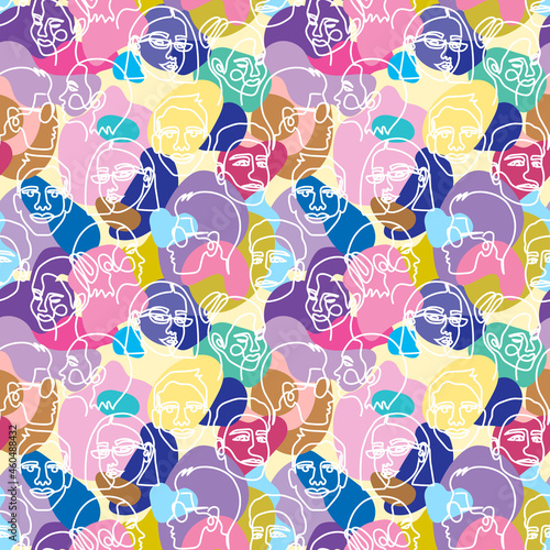 Camouflage seamless pattern with the face of a woman and a man drawn in one line. Seamless background camouflage