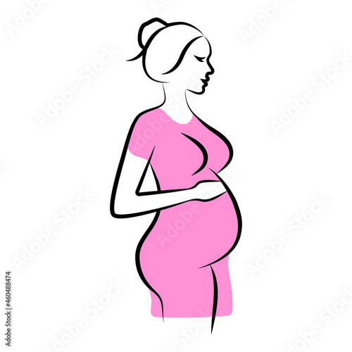 Line art pregnant woman, modern contemporary minimalist abstract woman portrait. Line drawing. Silhouette pregnant woman