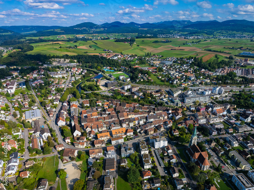  Aerial view of the city Laufen in Switzerland on a sunny day in summer. 