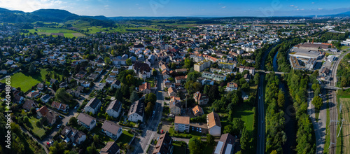 Aerial view of the city Aesch in Switzerland on a sunny day in summer. 