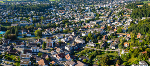 Aerial view of the city Bottmingen in Switzerland on a sunny day in summer. 