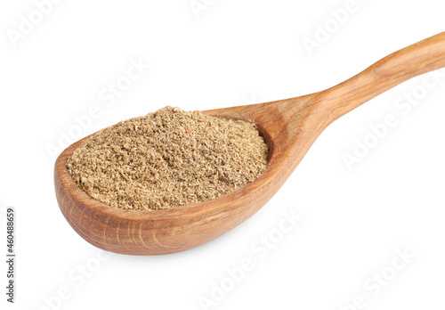 Wooden spoon with powdered coriander on white background