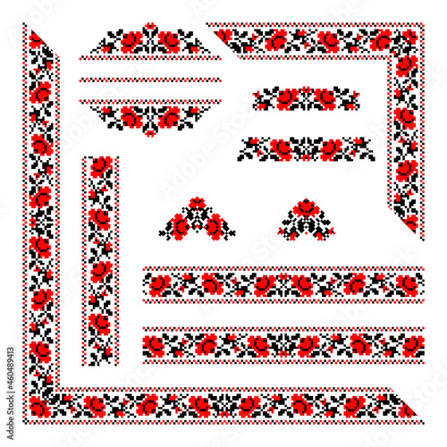 Vector set of folk Ukrainian ornaments: Ukrainian national seamless borders, patterns, corners, signs and template. Traditional black and red Ukrainian embroidery on white background