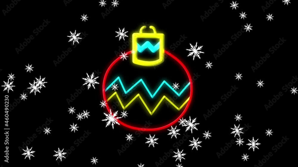 Animation of snow falling over christmas neon bauble decoration on black background Animation of snow falling over christmas neon bauble decoration on black background