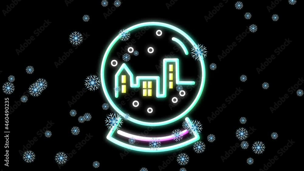 Animation of snow falling over christmas neon snow globe decoration on black background Animation of snow falling over christmas neon snow globe decoration on black background