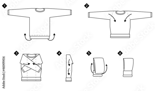 Instruction how to fold sweatshirt. Compact clothes storage vector monochrome black line illustration. 