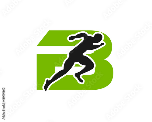 Sport Running Man Front View On Letter B Logo. Running man Silhouette Logo Template For Marathon, template, Running Club Or Sports Club Logo