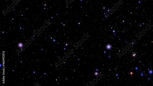 In the black sky, countless small multi-colored stars and several large ones flicker.