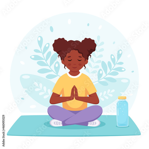 Black girl meditating in lotus pose. Gymnastic  meditation for children. Vector illustration