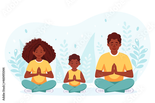 Black family doing yoga. Family spending time together. Vector illustration
