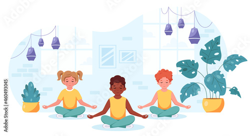Children of different nationalities meditating in lotus pose. Gymnastic, yoga and meditation for children. Vector illustration
