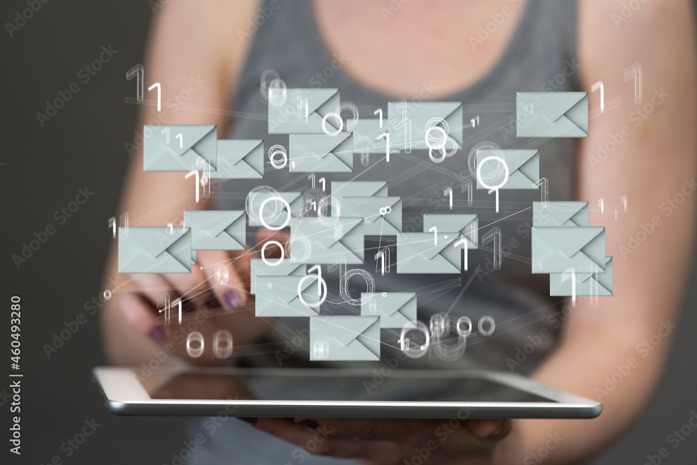 Hand holding using mobile phone with email icon on screen. Concept of business communication Hand holding using mobile phone with email icon on screen. Concept of business communication