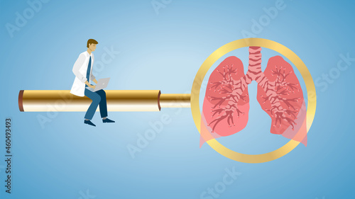 Man sitting with laptop on golden magnifying glass. Lungs in lens. Dimension 16:9. Vector illustration.