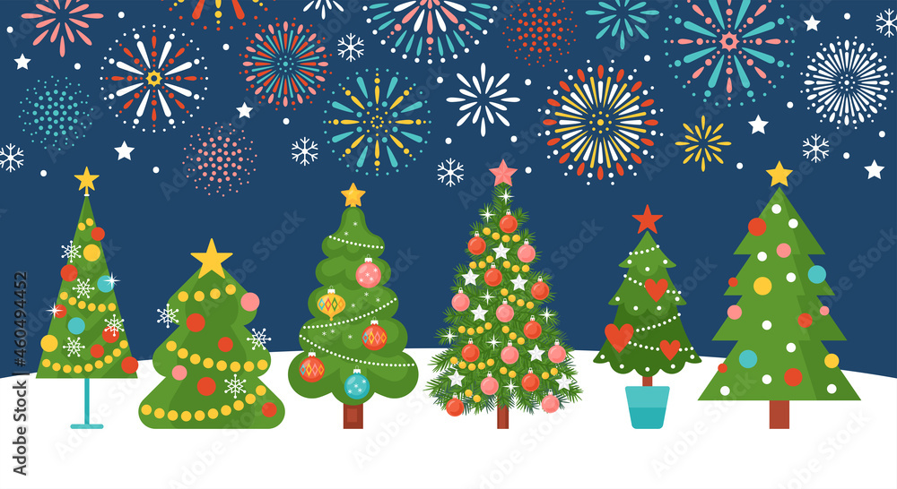 Christmas tree set. New Year holiday elements for greeting card, poster and banner design