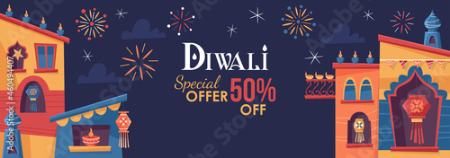 Diwali Hindu festival concept with India town decorated for holiday. Greeting card, banner or poster template design