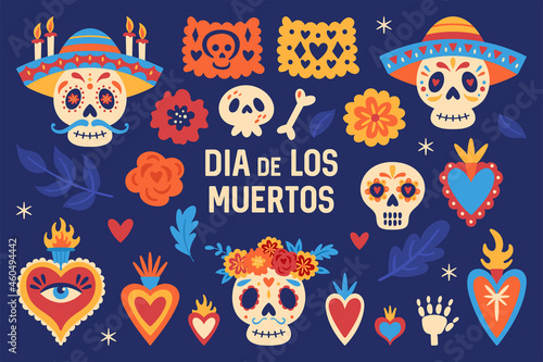 Cute set of mexican elements for Day of the dead Dia de los Muertos holiday. Childish print for cards, stickers, patches and apparel.