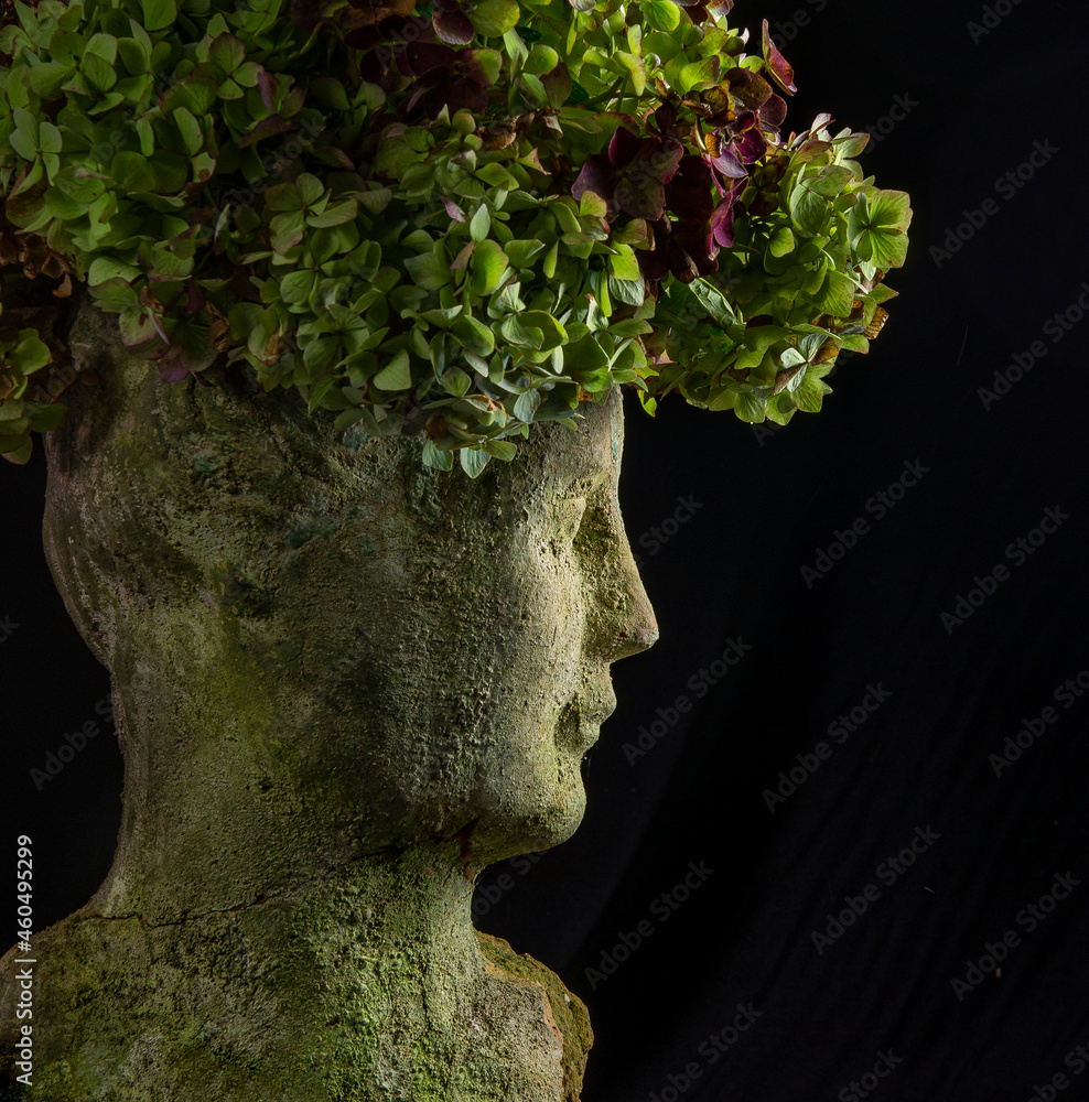 Concrete sculpture with hydrangea flowers as Concrete sculpture with hydrangea flowers as