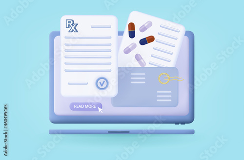 3d prescription rx. Doctor's recipe by email. Appointment of treatment online. Ordering, medicines form online. Electronic pharmacy document for treatment. Prescription page, computer screen. Vector