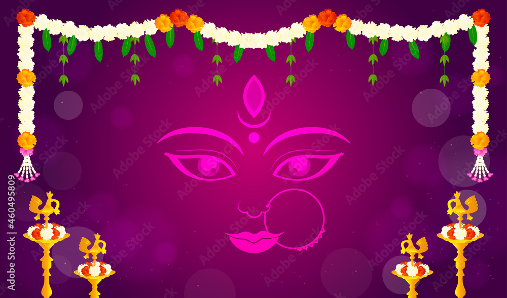 Happy Navratri Background Vector illustration. Indian garland of flowers and leaves frame. festival decoration