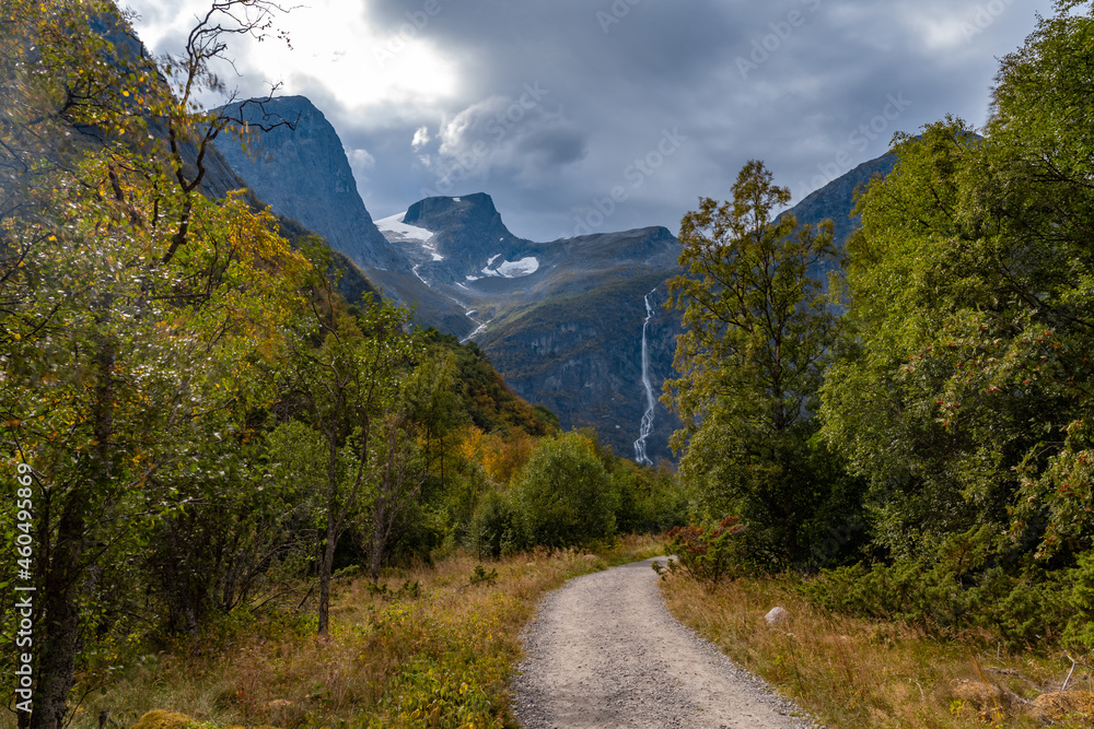 Hiking to Briksdalsbreen (Briksdal glacier), one of the most accessible and best known arms of the Jostedalsbreen glacier, Jostedalsbreen National Park, Vestland, Norway.