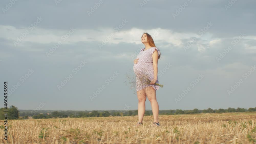 camera rotating around happy pregnant woman in dress standing alone in field with a bouquet of wild flowers on background of cloudy rainy sky, relaxation and healthy pregnancy concept camera rotating around happy pregnant woman in dress standing alone in field with a bouquet of wild flowers on background of cloudy rainy sky, relaxation and healthy pregnancy concept