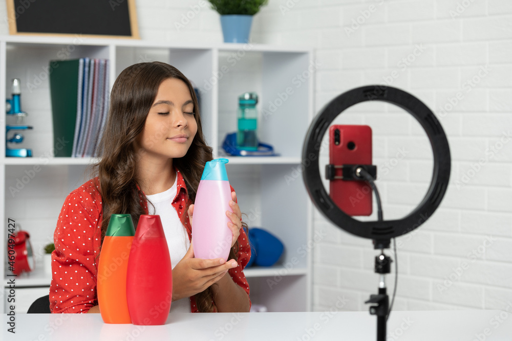 hair conditioner. smiling girl use selfie led. kid beauty blogger. hair conditioner. smiling girl use selfie led. kid beauty blogger.
