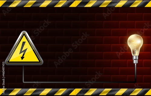 Vector illustration. Power outage banner. Red brick wall.. Light bulb.