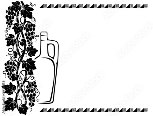 Rectangular framework with grape vines, borders and wine bottle, jug. Black silhouette. Laser cut.