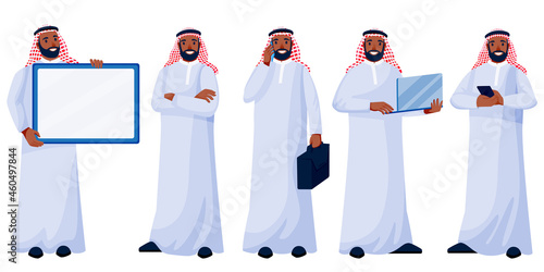 Arab man in traditional clothing in different poses. Arabic muslim businessman vector cartoon characters illustration