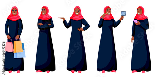 Arab woman in different poses. Arabic muslim female shopping, talking on phone, doing makeup. Vector illustration