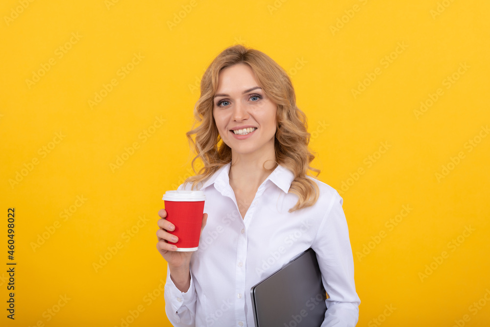 Break is essential part of working day. Happy woman hold paper cup. Coffee break at work