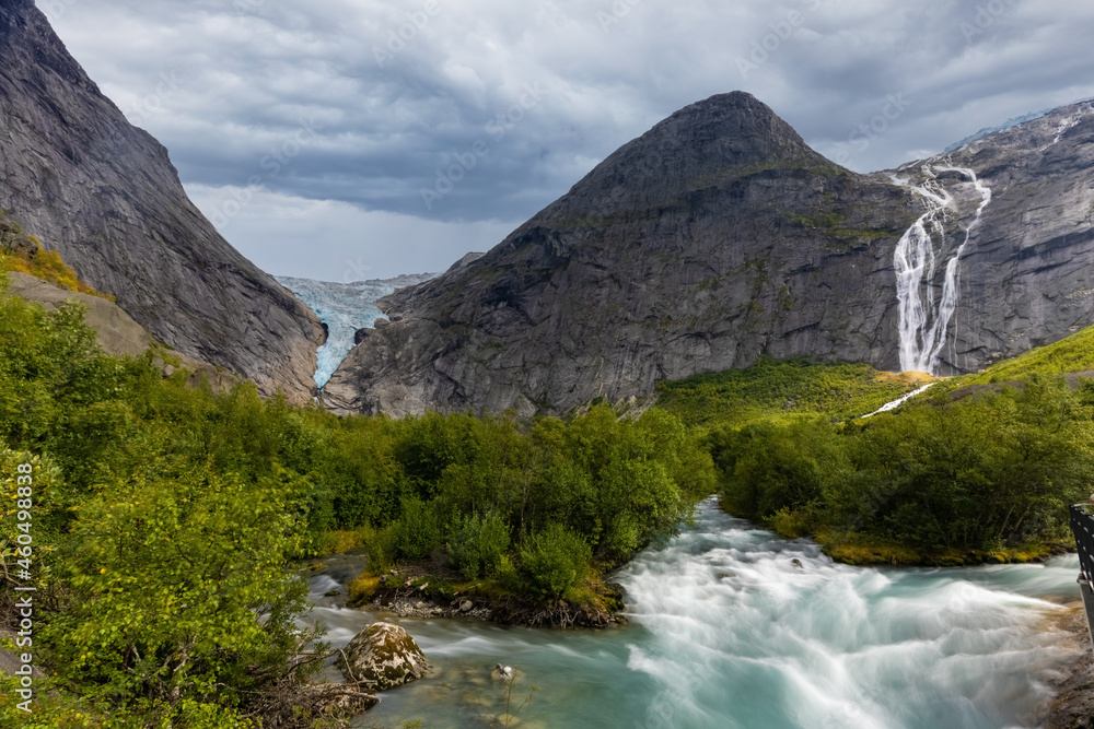 Hiking to Briksdalsbreen (Briksdal glacier), one of the most accessible and best known arms of the Jostedalsbreen glacier, Jostedalsbreen National Park, Vestland, Norway.